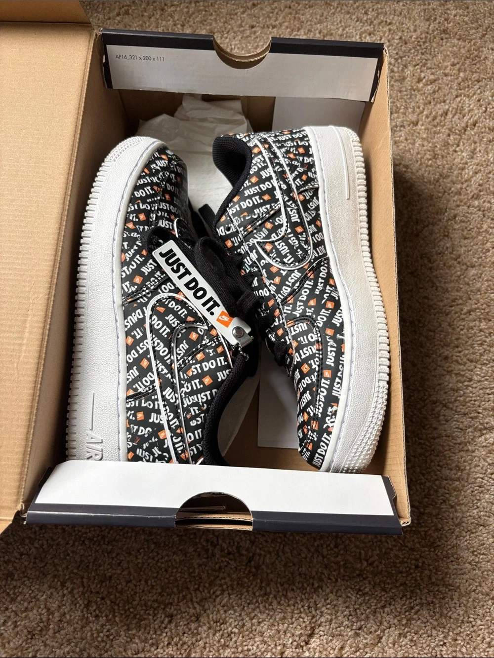 Nike Kids Air Force 1 'Just Do It' Black with White & Orange Accents